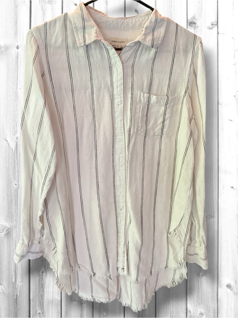 🌼THREAD & SUPPLY White/Black Striped Oversized Fringe Hem Shirt